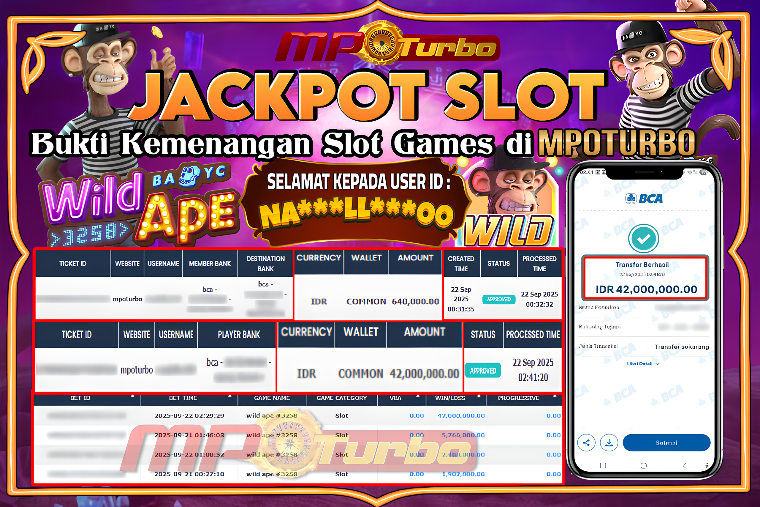 MPOTURBO JACKPOT SLOT  WILD APE #3258 - PG - SOFT  -  Rp 42,000,000.00,- LUNAS